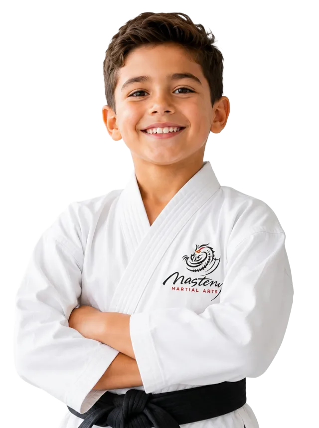 Smiling young boy in a white martial arts gi with his arms crossed